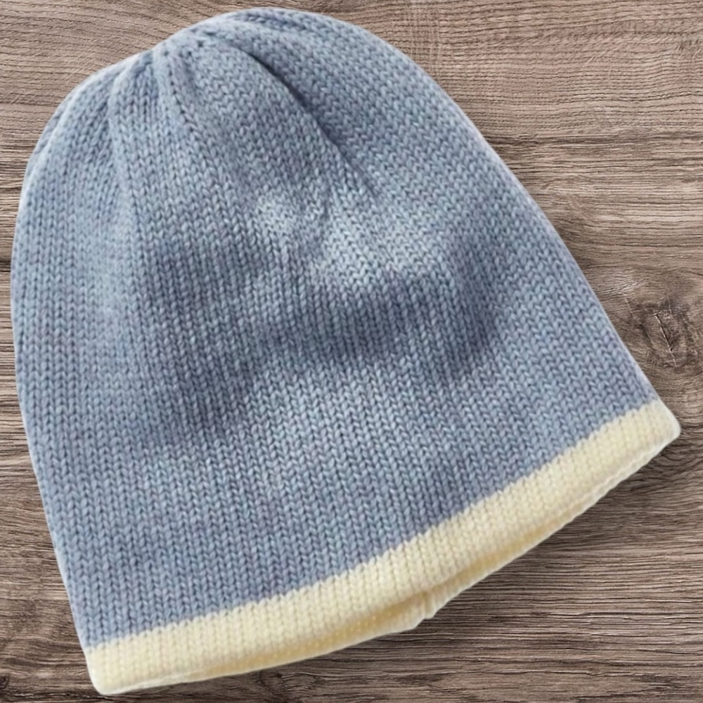 Hat Attack Revolve Reversible Tipped Beanie Knit Denim Blue‎ Cream 2 Hats in 1